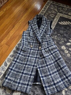 Zara Navy & White Tweed Double-Breasted Vest